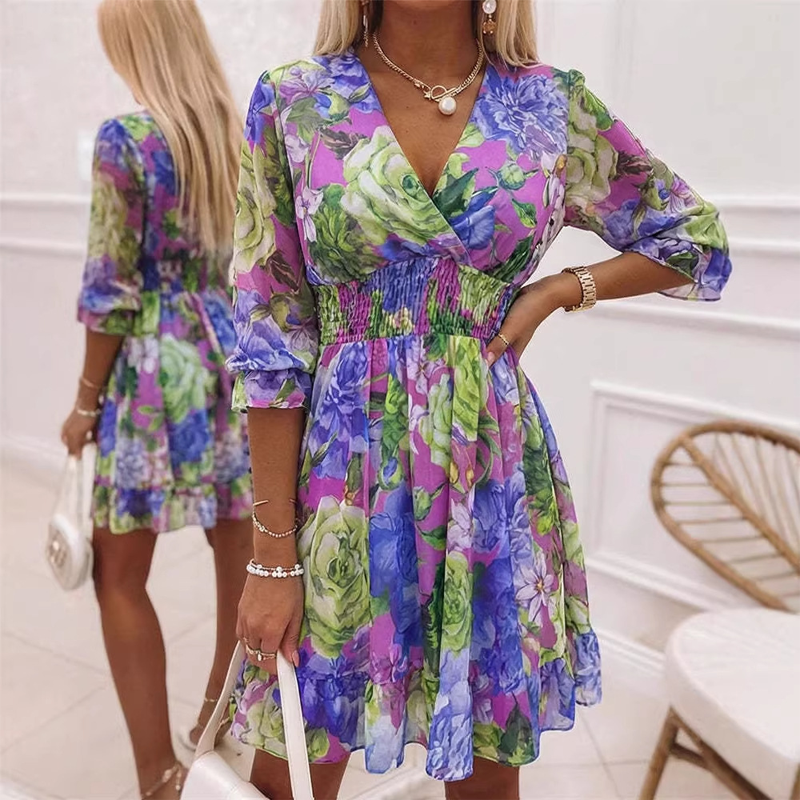 📢📢60 % DE RÉDUCTION !!!⏰Robe trapèze à col en V et ourlet à volants, imprimé floral, pour femme