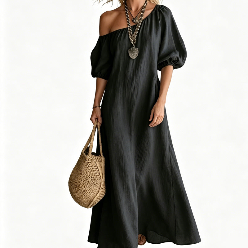 👗 Robe Longue Asymétrique | Manche Bouffante & Coupe Fluide ✨
