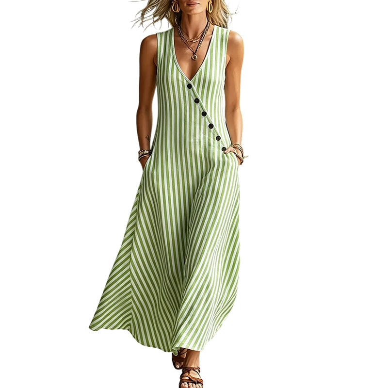 👗 PROMO 55% DE RÉDUCTION LIMITÉE ! ✨ Robe longue sans manches à rayures : col V, coupe trapèze et poches latérales 🌊