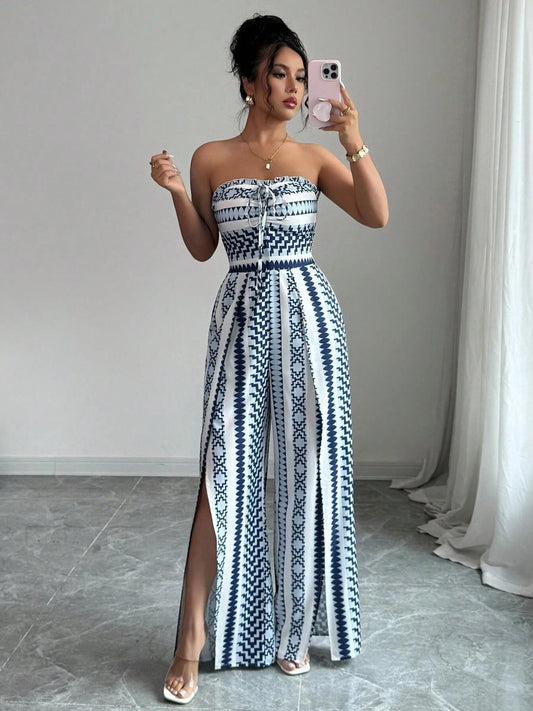 👗 PROMO LIMITÉE 42% DE RÉDUCTION ! 💥 Combinaison Motifs Géométriques – Encolure Dos Nu, Fente Latérale, Polyvalente ✨