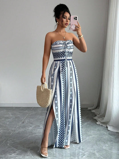 👗💙 PROMO FLASH 50% ! Combinaison Motifs Géométriques – Encolure Dos Nu, Fente Latérale, Tissu Extensible, Tailles S-3XL, Idéale Plage, Bureau & Soirée ✨