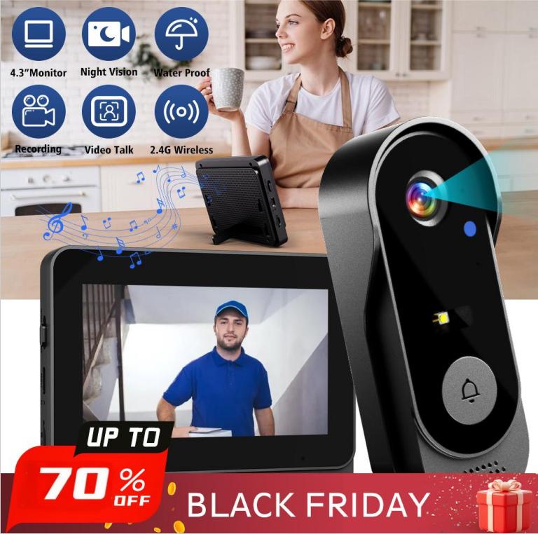 🔔50 % de réduction + livraison gratuite 📹 Caméra de Sonnette Sans Fil 1080P – Champ de Vision 170°, Écran 4,3 Pouces & Vision Nocturne IPX65 🏡