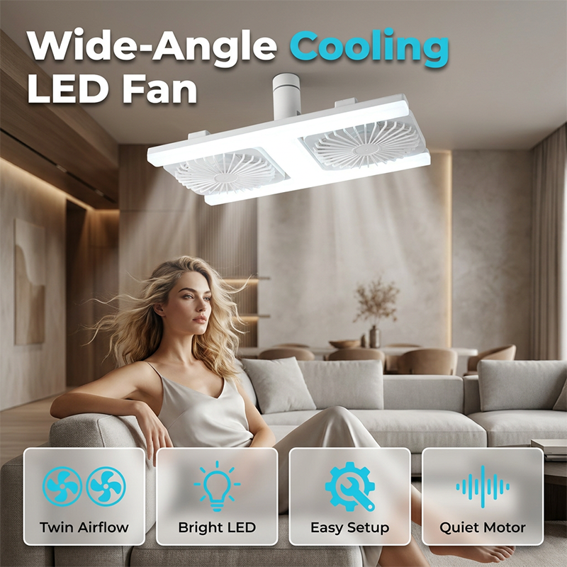 🌀💡 Ventilateur de Plafond Double Tête avec Lumière LED 60W – Double Flux d’Air, Télécommande, Moteur Silencieux