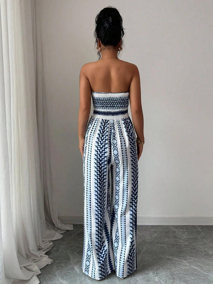👗💙 PROMO FLASH 50% ! Combinaison Motifs Géométriques – Encolure Dos Nu, Fente Latérale, Tissu Extensible, Tailles S-3XL, Idéale Plage, Bureau & Soirée ✨