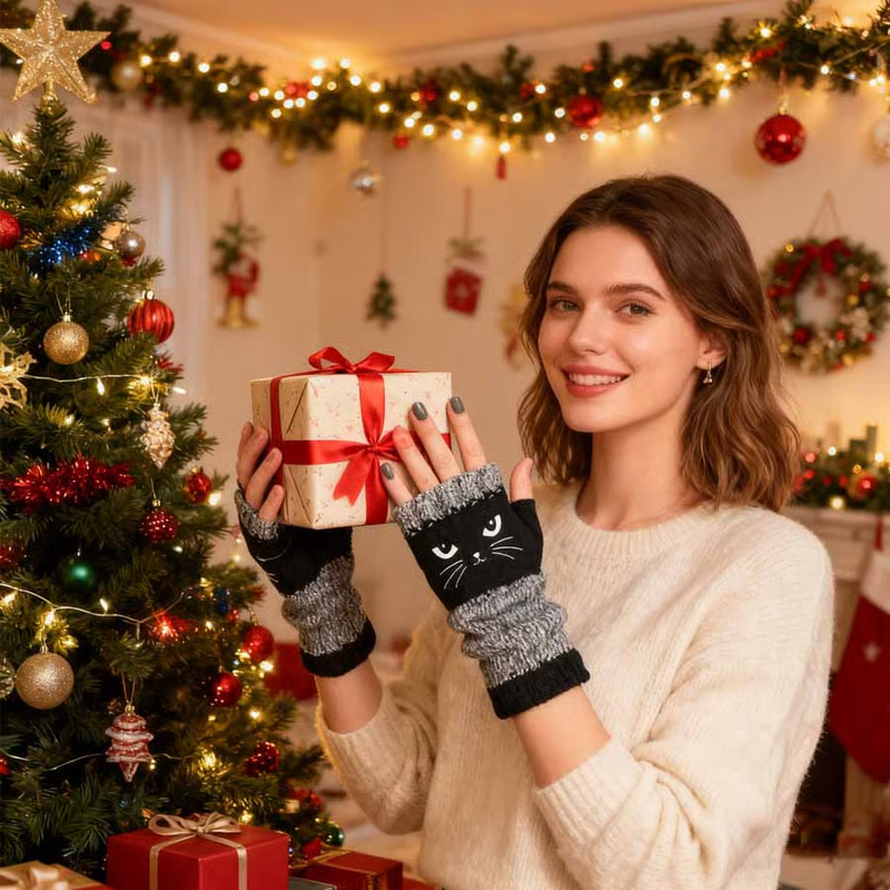 🎁 Promotion du dernier jour 50 % DE RÉDUCTION 🐱 Gants tricotés pour femmes avec motif chat — Pour des mains au chaud et des doigts libres 🧶