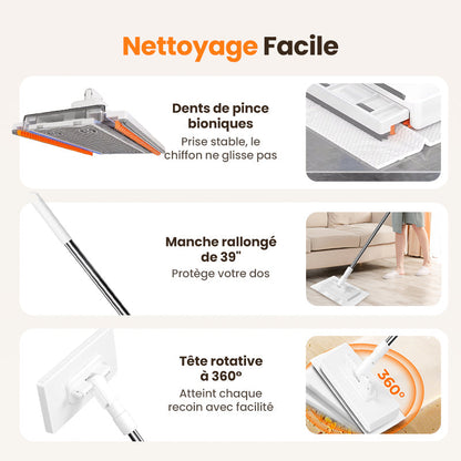🔥 50% DE RÉDUCTION 🧹 Serpillère Réutilisable – Pince Biomimétique Auto-Serrante, Manche Télescopique 100 cm, Rotation 360° & Écologique (Multi-Surfaces) !