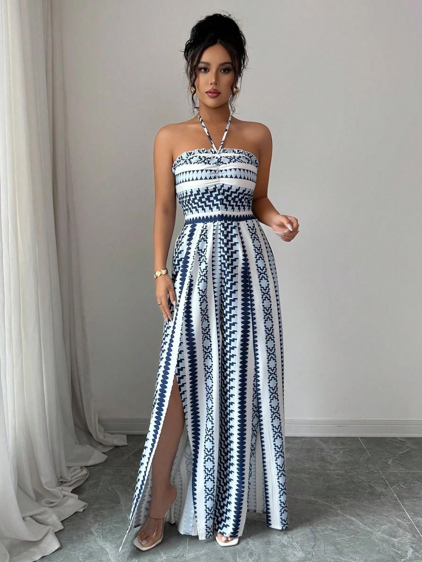 👗💙 PROMO FLASH 50% ! Combinaison Motifs Géométriques – Encolure Dos Nu, Fente Latérale, Tissu Extensible, Tailles S-3XL, Idéale Plage, Bureau & Soirée ✨