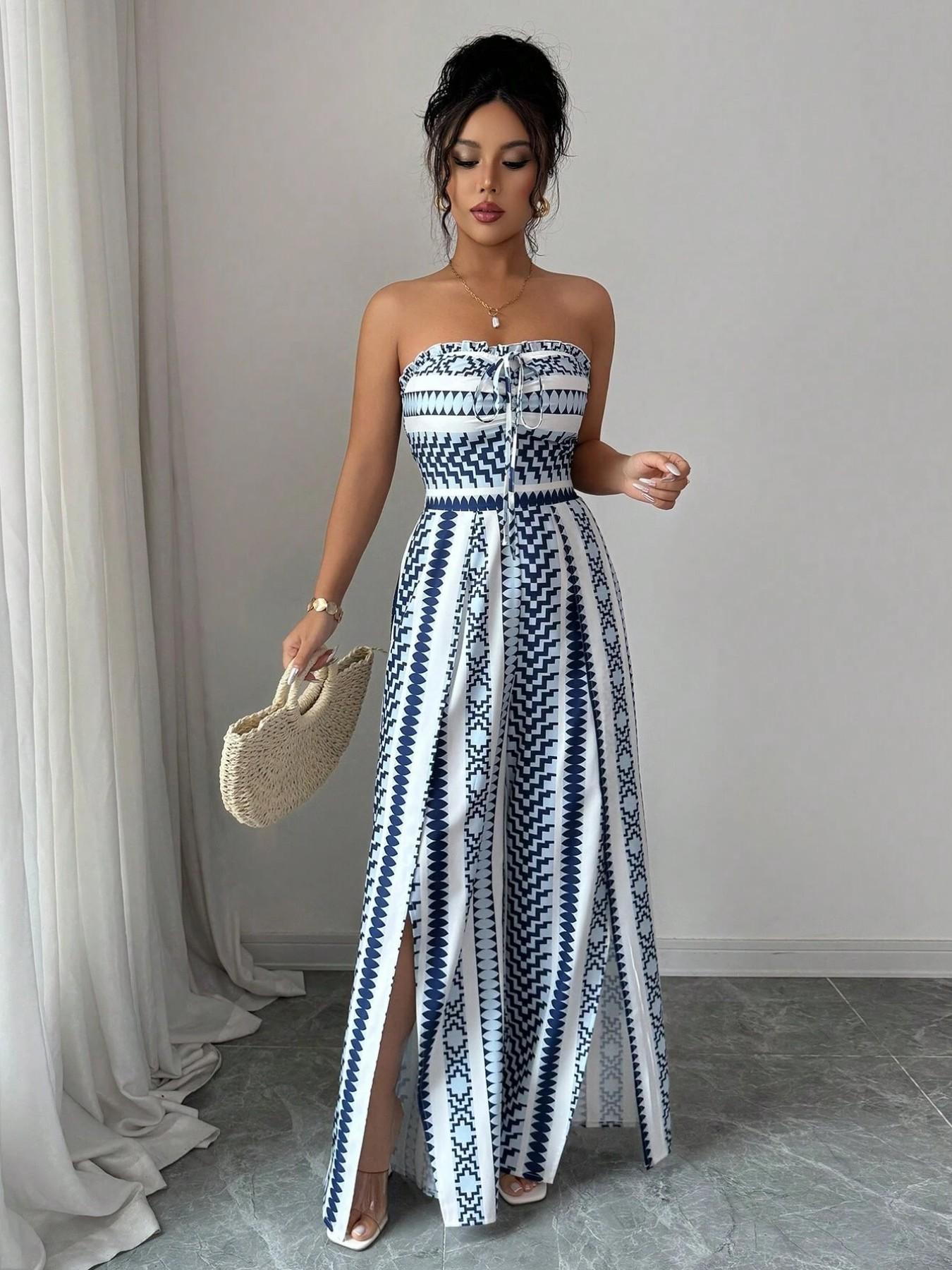 👗💙 PROMO FLASH 50% ! Combinaison Motifs Géométriques – Encolure Dos Nu, Fente Latérale, Tissu Extensible, Tailles S-3XL, Idéale Plage, Bureau & Soirée ✨