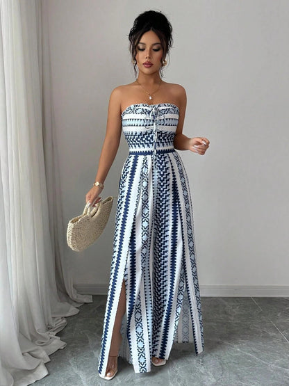 👗💙 PROMO FLASH 50% ! Combinaison Motifs Géométriques – Encolure Dos Nu, Fente Latérale, Tissu Extensible, Tailles S-3XL, Idéale Plage, Bureau & Soirée ✨