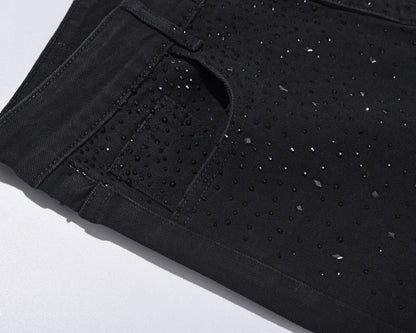 👖 Offre spéciale soldes à -50 % ! ✨ Jean slim noir orné de strass - Confort extensible, style éblouissant 💎🖤