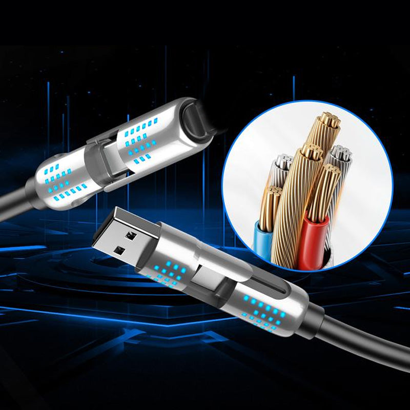 🔌⚡Câble de Données 4-en-1 240W – Charge Rapide, Lumière Clignotante & Silicone Renforcé (Noir/Gris)