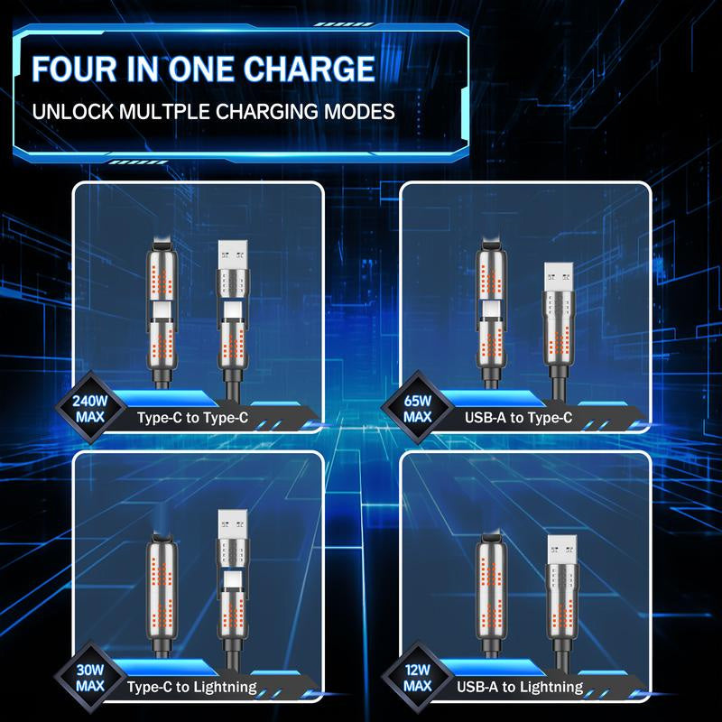 🔌⚡Câble de Données 4-en-1 240W – Charge Rapide, Lumière Clignotante & Silicone Renforcé (Noir/Gris)