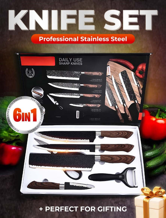 🔥🔪 PROMO LIMITÉE 50% ! Ensemble Couteaux de Chef Professionnels 6 Pièces – Acier Inoxydable, Manche Bois, Tranchant Durable, Texturé Martelé, Parfait pour Toutes Cuisines ✨