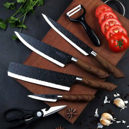 🔥🔪 PROMO LIMITÉE 50% ! Ensemble Couteaux de Chef Professionnels 6 Pièces – Acier Inoxydable, Manche Bois, Tranchant Durable, Texturé Martelé, Parfait pour Toutes Cuisines ✨