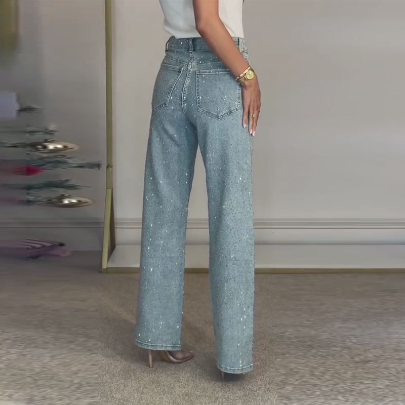 👖 50% DE RÉDUCTION VENTE 2025! ✨ Jeans à Jambe Droite avec Strass - Broderie Cristal et Taille Haute pour une Silhouette Élégante 💎👖