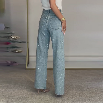 👖 50% DE RÉDUCTION VENTE 2025! ✨ Jeans à Jambe Droite avec Strass - Broderie Cristal et Taille Haute pour une Silhouette Élégante 💎👖