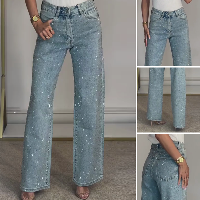 👖 50% DE RÉDUCTION VENTE 2025! ✨ Jeans à Jambe Droite avec Strass - Broderie Cristal et Taille Haute pour une Silhouette Élégante 💎👖