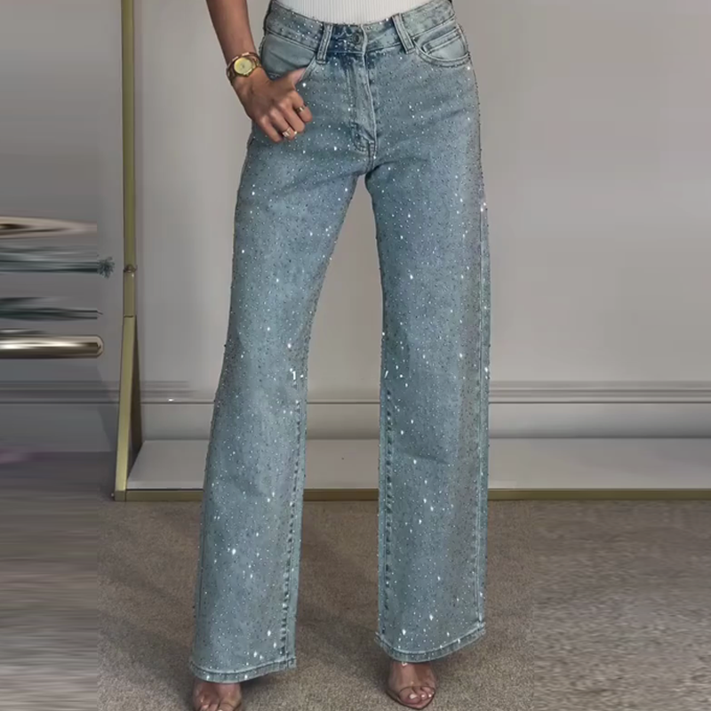 👖 50% DE RÉDUCTION VENTE 2025! ✨ Jeans à Jambe Droite avec Strass - Broderie Cristal et Taille Haute pour une Silhouette Élégante 💎👖