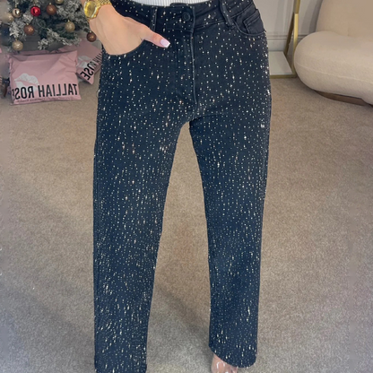 👖 50% DE RÉDUCTION VENTE 2025! ✨ Jeans à Jambe Droite avec Strass - Broderie Cristal et Taille Haute pour une Silhouette Élégante 💎👖