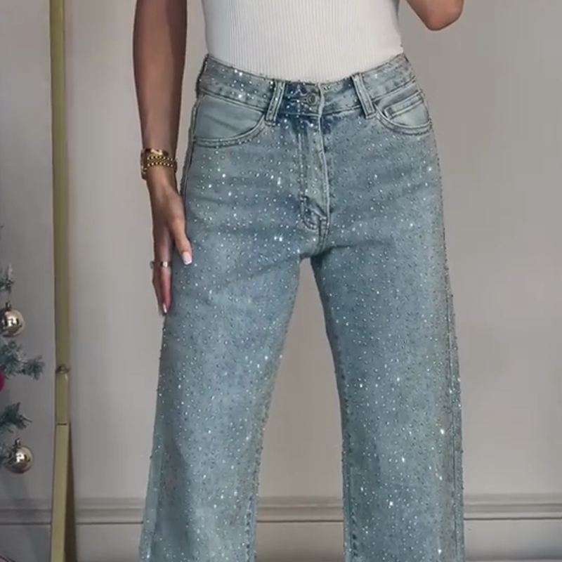 👖 50% DE RÉDUCTION VENTE 2025! ✨ Jeans à Jambe Droite avec Strass - Broderie Cristal et Taille Haute pour une Silhouette Élégante 💎👖