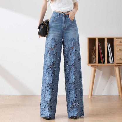 🔥Pantalon large en denim bleu à taille haute pour femmes avec empiècements en dentelle découpés