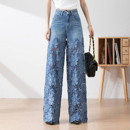 🔥Pantalon large en denim bleu à taille haute pour femmes avec empiècements en dentelle découpés