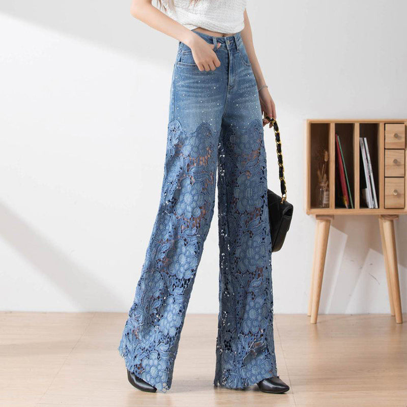 🔥Pantalon large en denim bleu à taille haute pour femmes avec empiècements en dentelle découpés