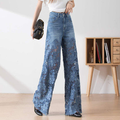 🔥Pantalon large en denim bleu à taille haute pour femmes avec empiècements en dentelle découpés