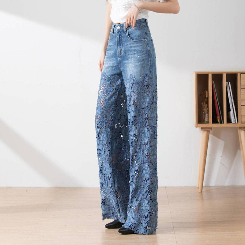 🔥Pantalon large en denim bleu à taille haute pour femmes avec empiècements en dentelle découpés