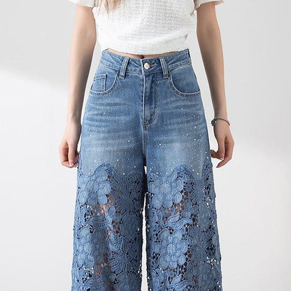 🔥Pantalon large en denim bleu à taille haute pour femmes avec empiècements en dentelle découpés