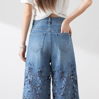🔥Pantalon large en denim bleu à taille haute pour femmes avec empiècements en dentelle découpés