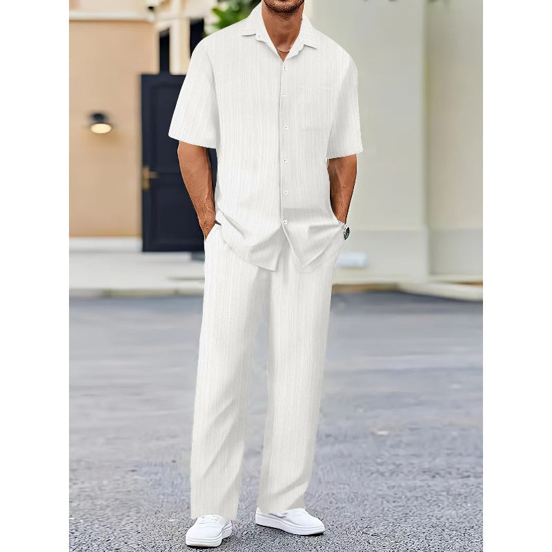 Costume deux pièces en lin pour hommes, avec haut à manches courtes et pantalon à cordon de serrage