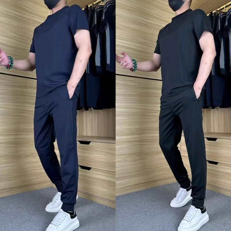 ⏰🔥OFFRE LIMITÉE : 50 % DE RÉDUCTION !🔥Plus de 50K+ unités vendues! Ensemble deux pièces décontracté pour homme : t-shirt et pantalon en soie glacée extensible
