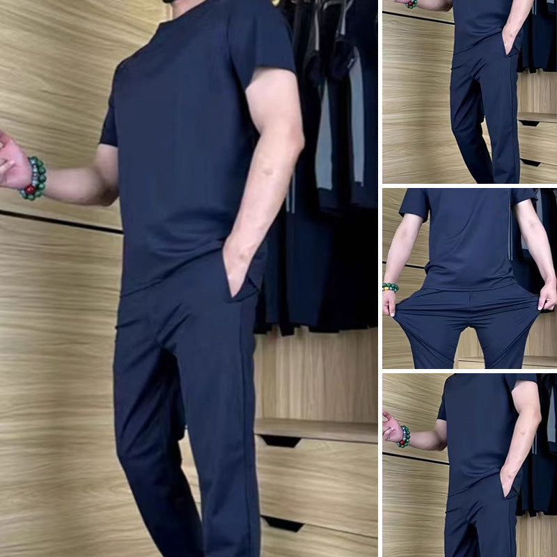 ⏰🔥OFFRE LIMITÉE : 50 % DE RÉDUCTION !🔥Plus de 50K+ unités vendues! Ensemble deux pièces décontracté pour homme : t-shirt et pantalon en soie glacée extensible