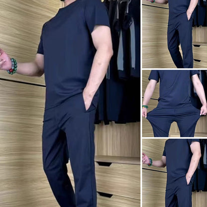 ⏰🔥OFFRE LIMITÉE : 50 % DE RÉDUCTION !🔥Plus de 50K+ unités vendues! Ensemble deux pièces décontracté pour homme : t-shirt et pantalon en soie glacée extensible