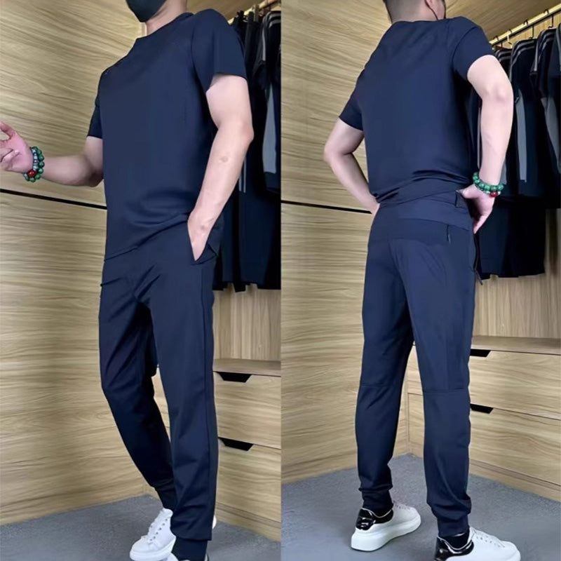 ⏰🔥OFFRE LIMITÉE : 50 % DE RÉDUCTION !🔥Plus de 50K+ unités vendues! Ensemble deux pièces décontracté pour homme : t-shirt et pantalon en soie glacée extensible