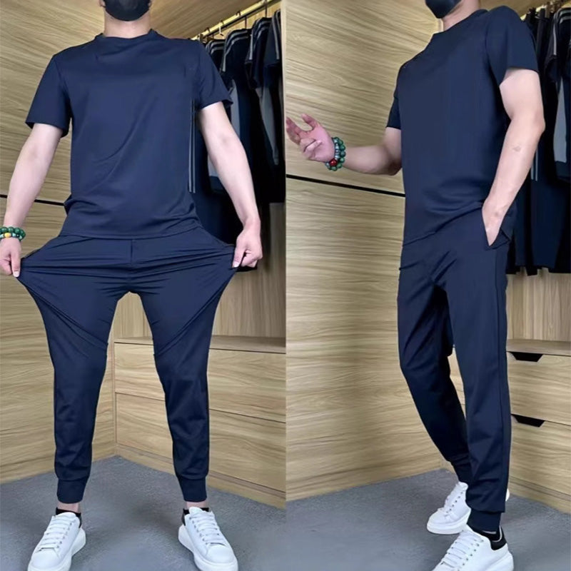 ⏰🔥OFFRE LIMITÉE : 50 % DE RÉDUCTION !🔥Plus de 50K+ unités vendues! Ensemble deux pièces décontracté pour homme : t-shirt et pantalon en soie glacée extensible
