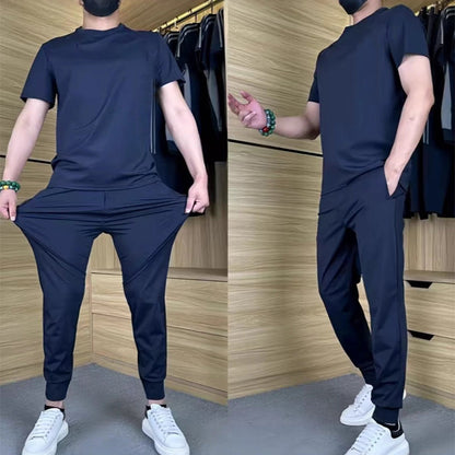 ⏰🔥OFFRE LIMITÉE : 50 % DE RÉDUCTION !🔥Plus de 50K+ unités vendues! Ensemble deux pièces décontracté pour homme : t-shirt et pantalon en soie glacée extensible