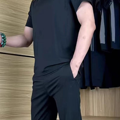 ⏰🔥OFFRE LIMITÉE : 50 % DE RÉDUCTION !🔥Plus de 50K+ unités vendues! Ensemble deux pièces décontracté pour homme : t-shirt et pantalon en soie glacée extensible