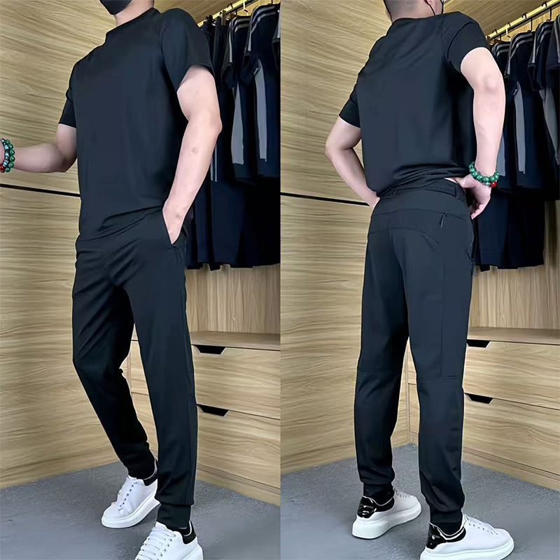 ⏰🔥OFFRE LIMITÉE : 50 % DE RÉDUCTION !🔥Plus de 50K+ unités vendues! Ensemble deux pièces décontracté pour homme : t-shirt et pantalon en soie glacée extensible