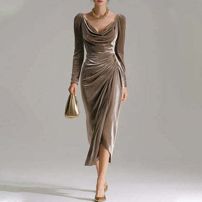 🔥VENTE LIMITÉE 50 % DE RÉDUCTION🔥Robe à manches longues avec col, froncée et fendue