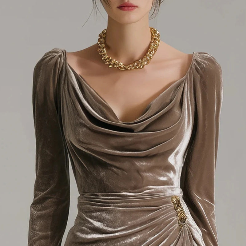 🔥VENTE LIMITÉE 50 % DE RÉDUCTION🔥Robe à manches longues avec col, froncée et fendue