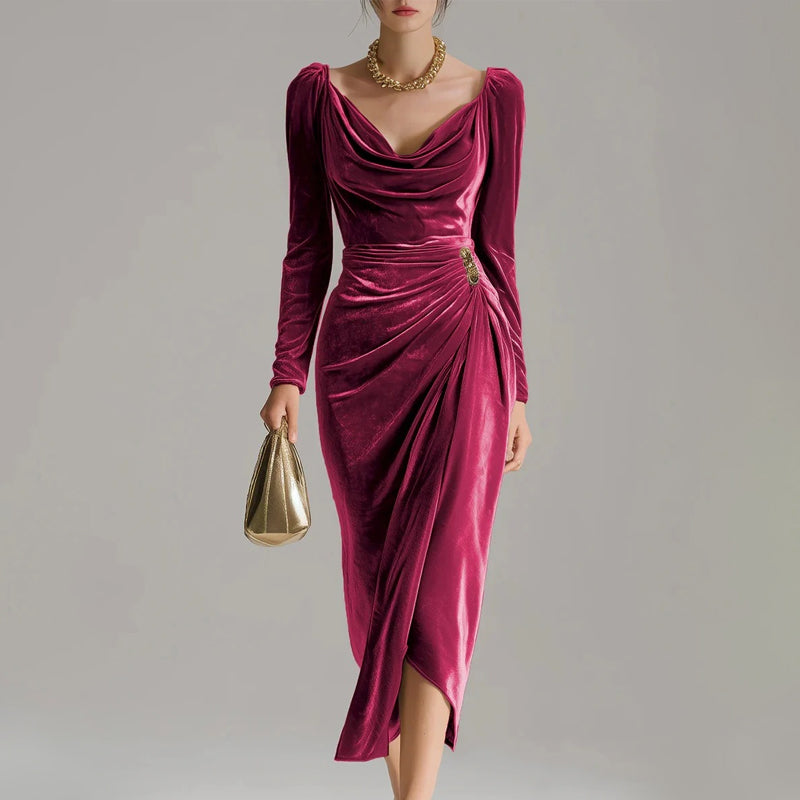 🔥VENTE LIMITÉE 50 % DE RÉDUCTION🔥Robe à manches longues avec col, froncée et fendue
