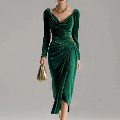 🔥VENTE LIMITÉE 50 % DE RÉDUCTION🔥Robe à manches longues avec col, froncée et fendue