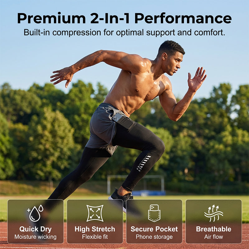 🏃‍♂️50% de réduction 👖 Collant de running 2-en-1 avec short pour homme – Respirant, anti-frottement & poche pour téléphone – parfait pour le sport 📱