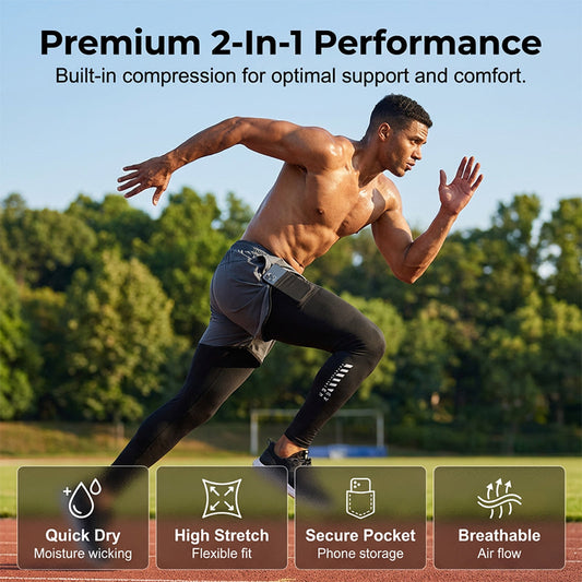🏃‍♂️50% de réduction 👖 Collant de running 2-en-1 avec short pour homme – Respirant, anti-frottement & poche pour téléphone – parfait pour le sport 📱