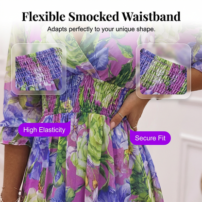 📢📢60 % DE RÉDUCTION !!!⏰Robe trapèze à col en V et ourlet à volants, imprimé floral, pour femme