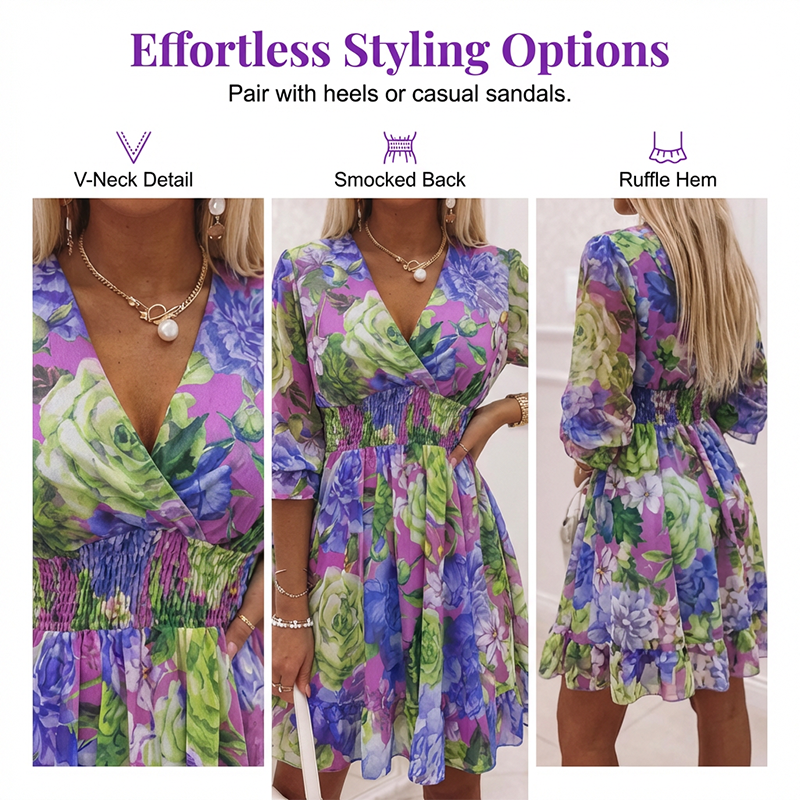 📢📢60 % DE RÉDUCTION !!!⏰Robe trapèze à col en V et ourlet à volants, imprimé floral, pour femme