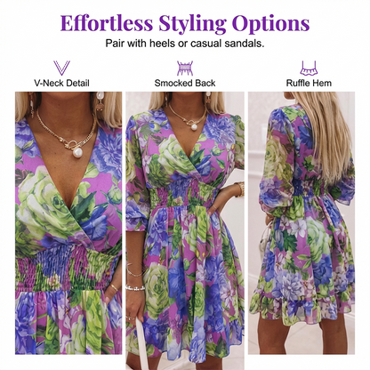 📢📢60 % DE RÉDUCTION !!!⏰Robe trapèze à col en V et ourlet à volants, imprimé floral, pour femme