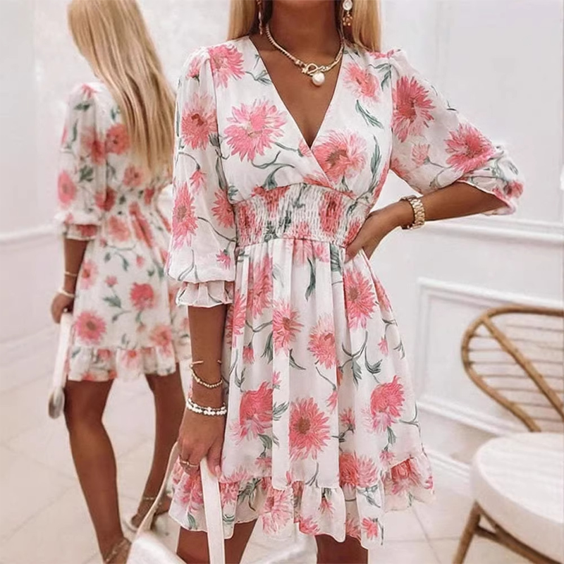 📢📢60 % DE RÉDUCTION !!!⏰Robe trapèze à col en V et ourlet à volants, imprimé floral, pour femme